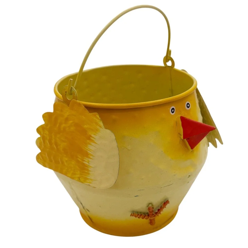 Retro Easter Chick Metal Basket Yellow Spring Cottage Decor 5.25